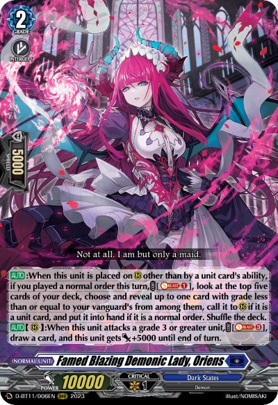 Famed Blazing Demonic Lady, Oriens (D-BT11/006EN) [Clash of the Heroes] - PokeCharles PokeStore